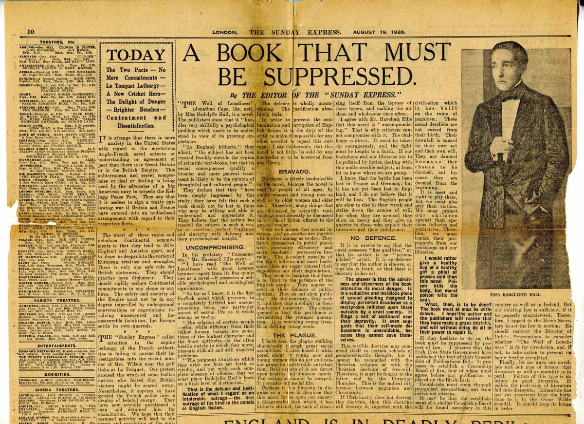 A newspaper story cutting titled A BOOK THAT MUST BE SUPPRESSED.