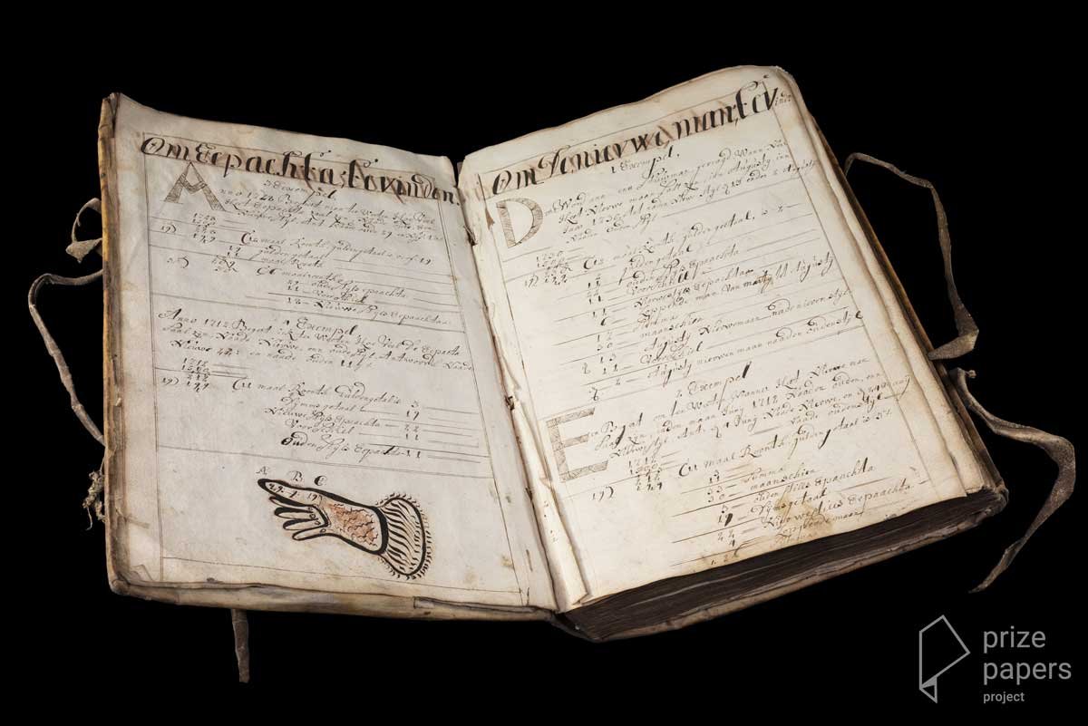 An open book, with pages covered in writing and including a sketched diagram of a hand.