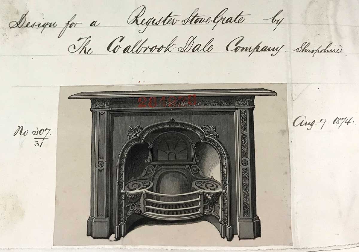 Detailed black and white sketches of two highly-decorated fireplaces.