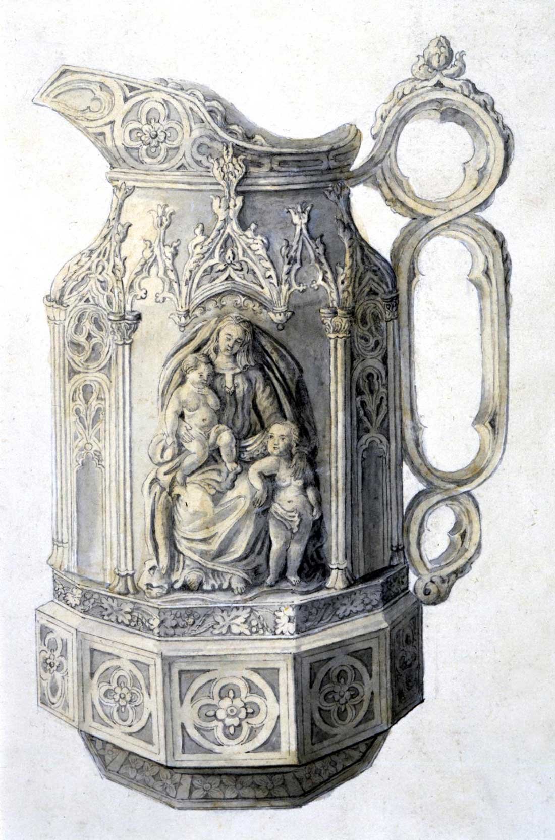 Black and white sketch of an extremely detailed, ornate jug featuring a woman with two naked infants