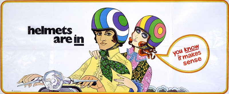 An illustrated poster with a couple wearing brightly patterned helmets