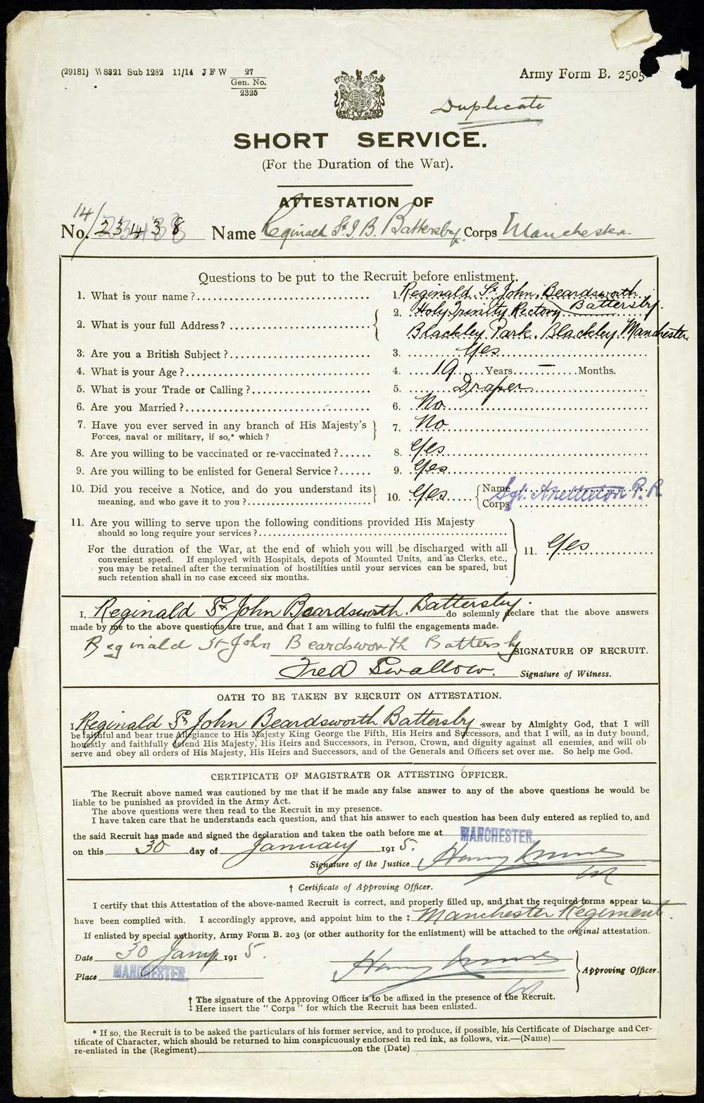 A printed form completed in pen and signed by Battersby and his recruiter.