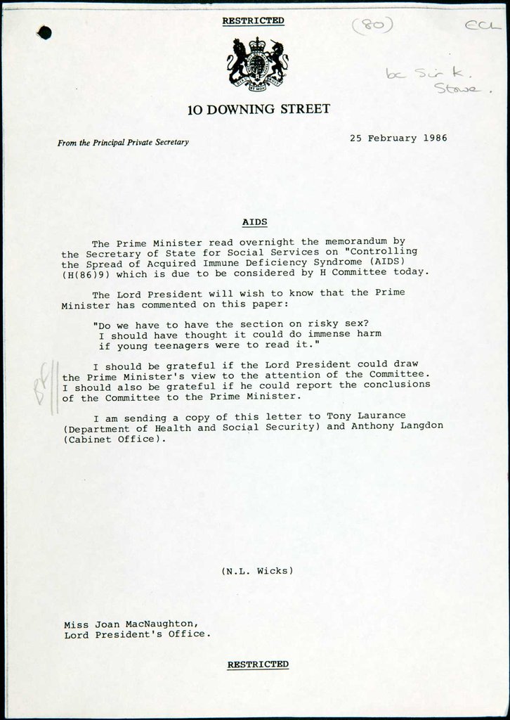 Printed letter on '10 Downing Street' headed paper with the word 'RESTRICTED' prominent.