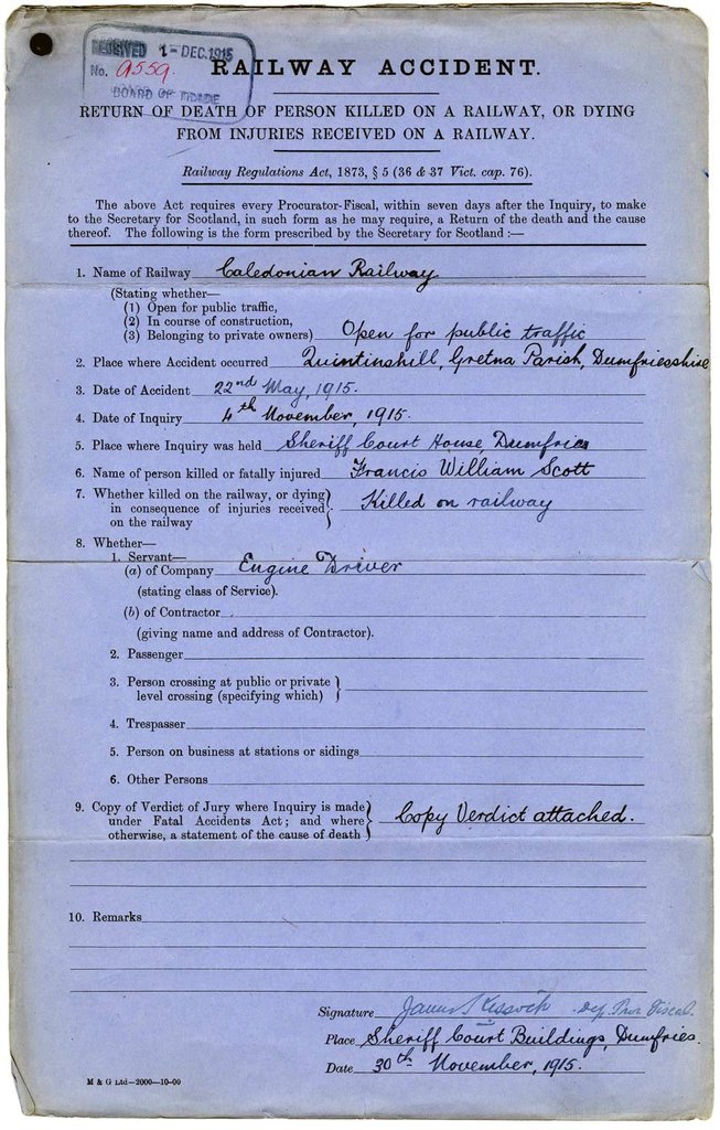 A completed 'Railway accident' form signed by an employee of the Caledonian Railway.