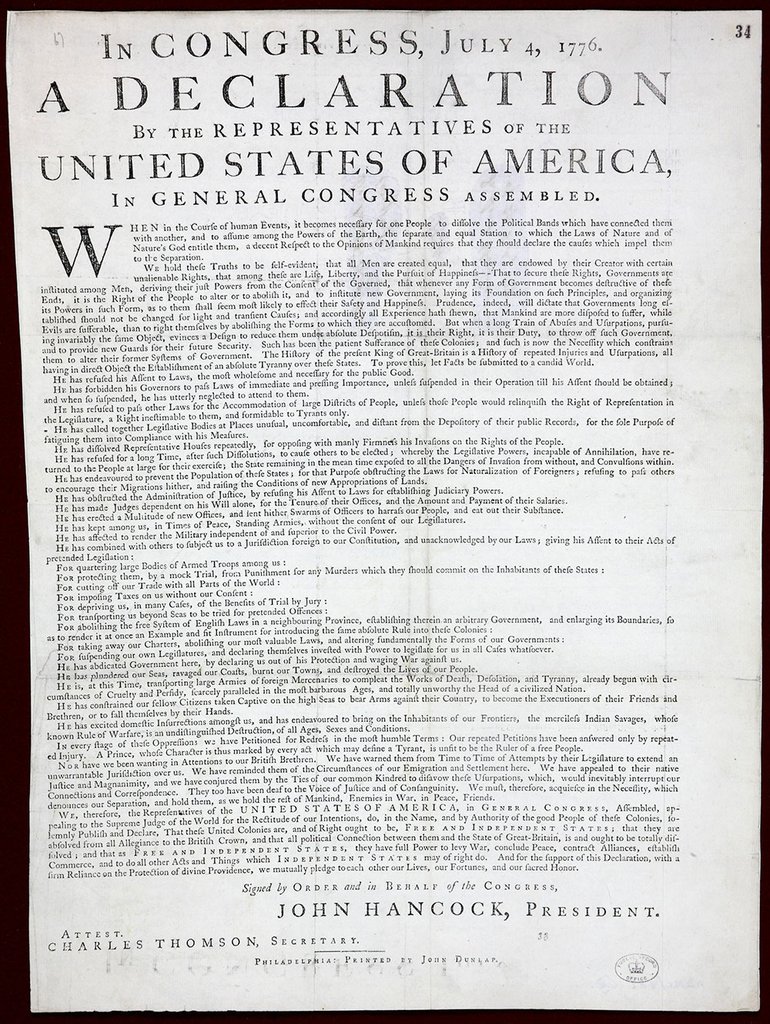A printed copy of a dense piece of text that fills the page. At the top the words 'A Declaration'