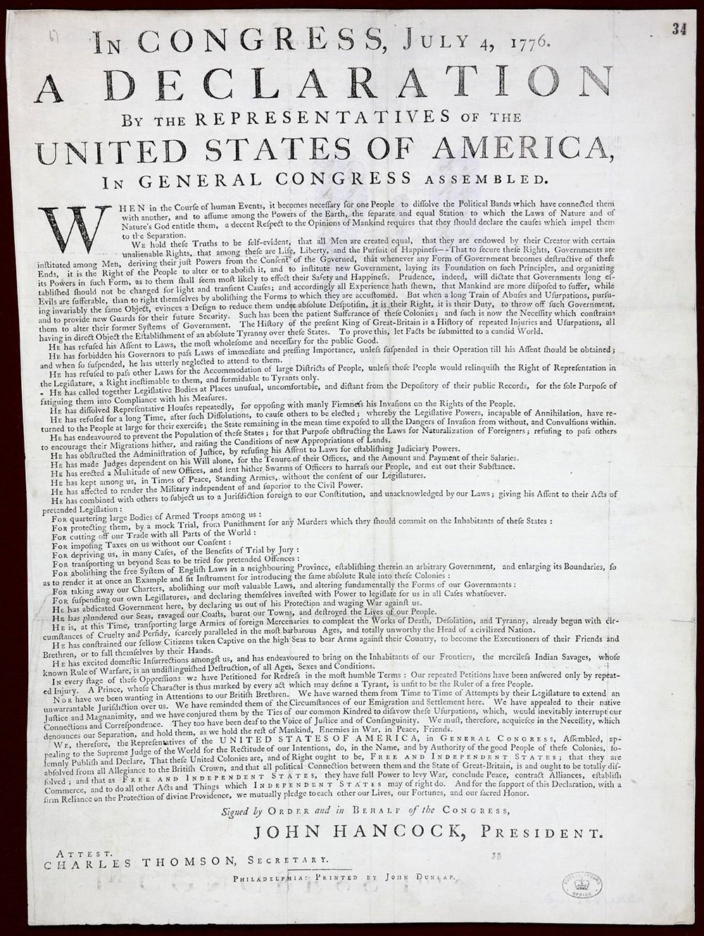 A printed copy of a dense piece of text that fills the page. At the top the words 'A Declaration'