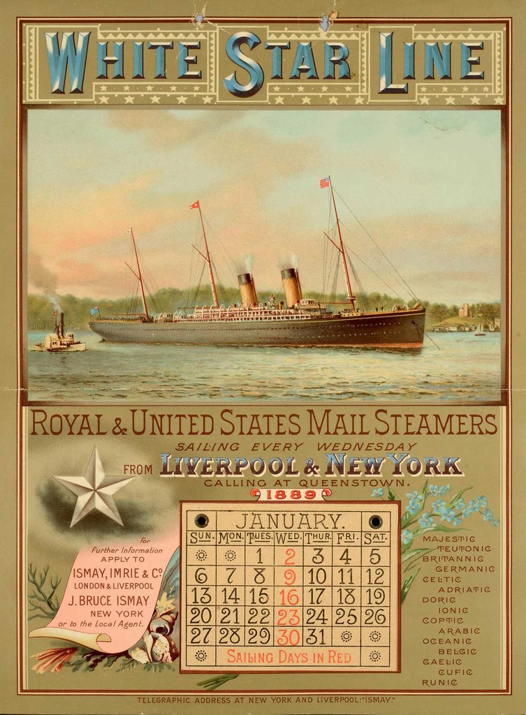 Poster with all the dates in January in a table and a large painting of a steamship, and many fonts.