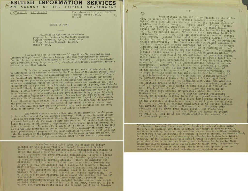 A typed version of Winston Churchill's iron curtain speech across two pages.