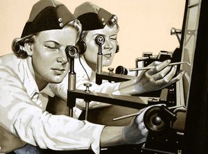 Two women wearing military caps looking into barreled equipment.