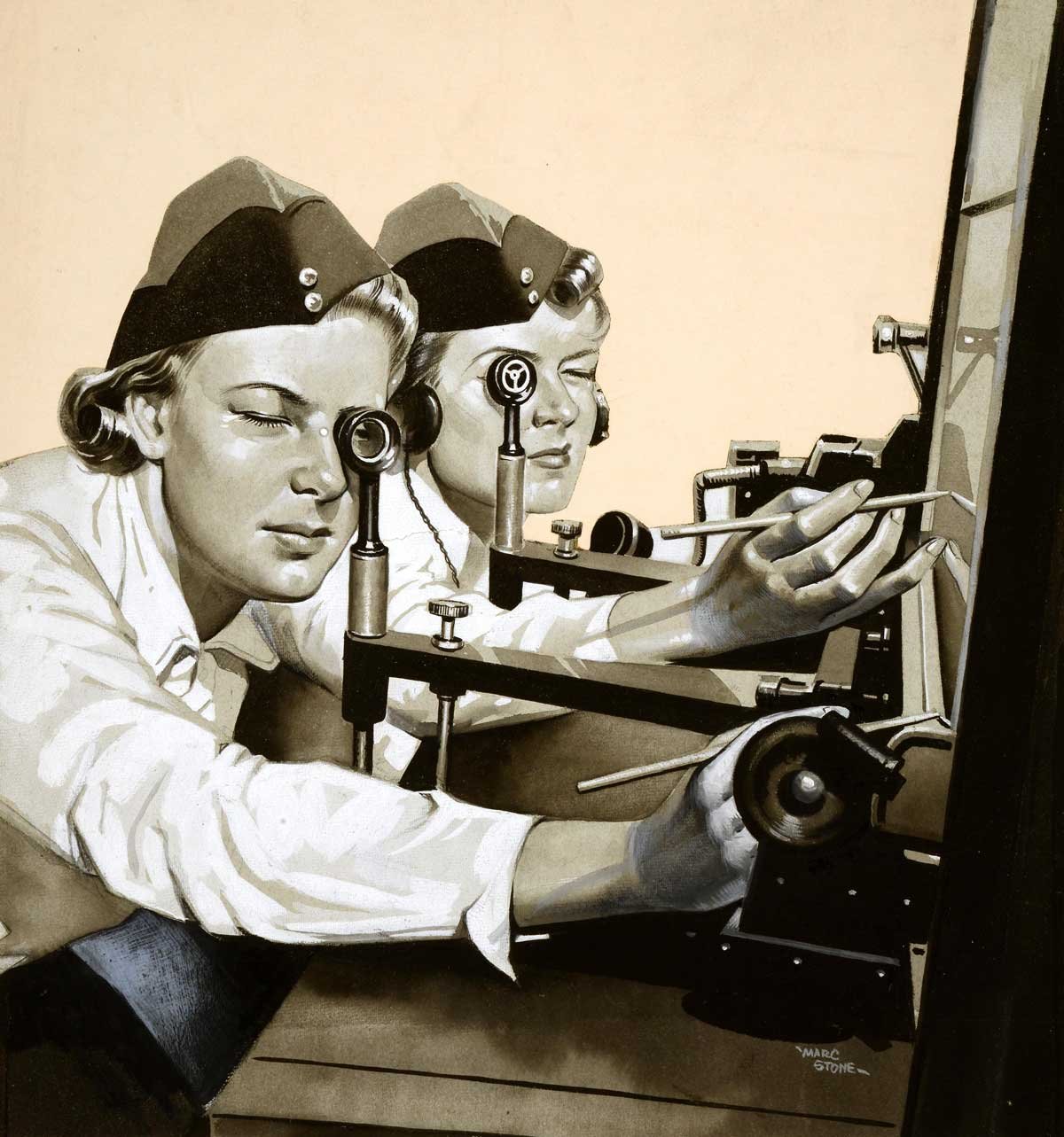 Two women wearing military caps looking into barreled equipment.