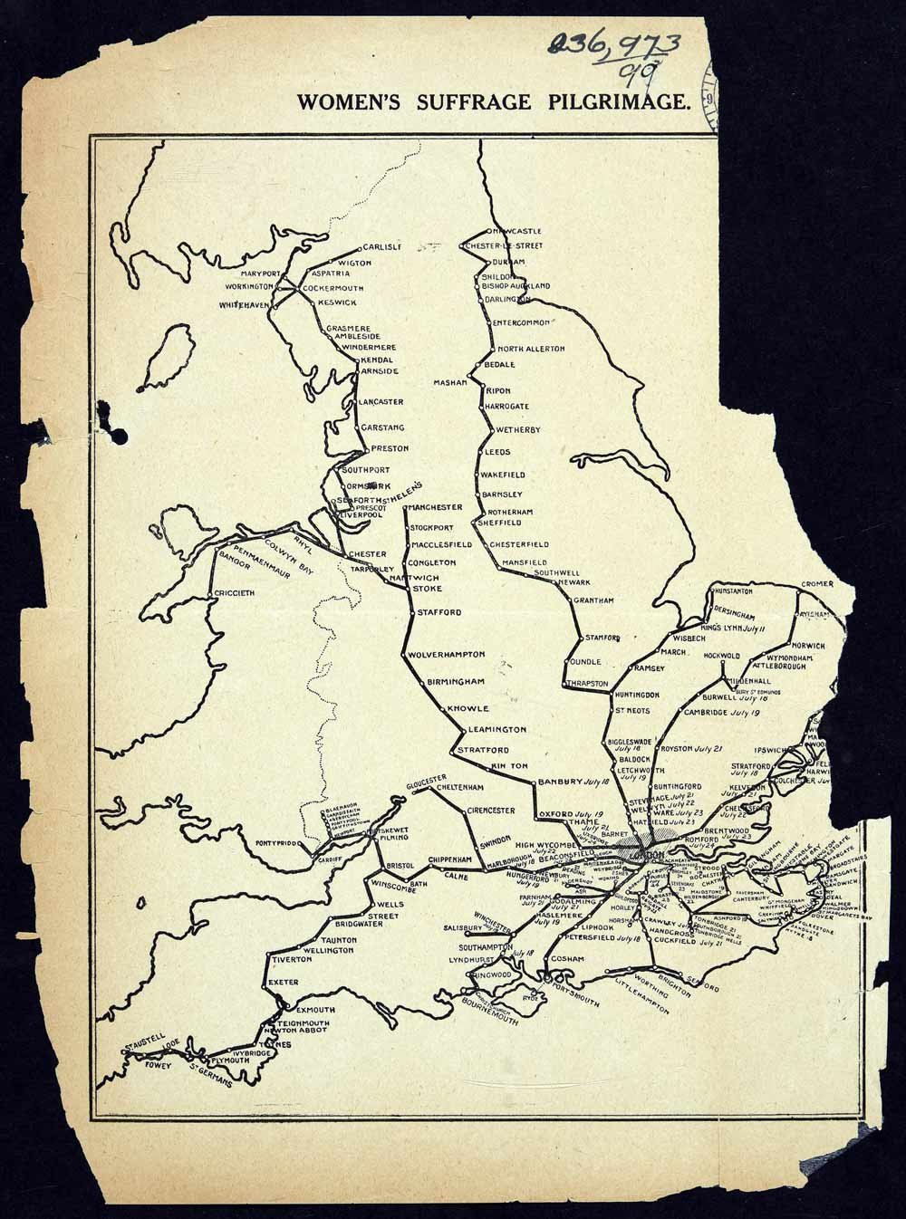 Map of England and Wales almost like a rail network plan showing stops on routes leading to London.