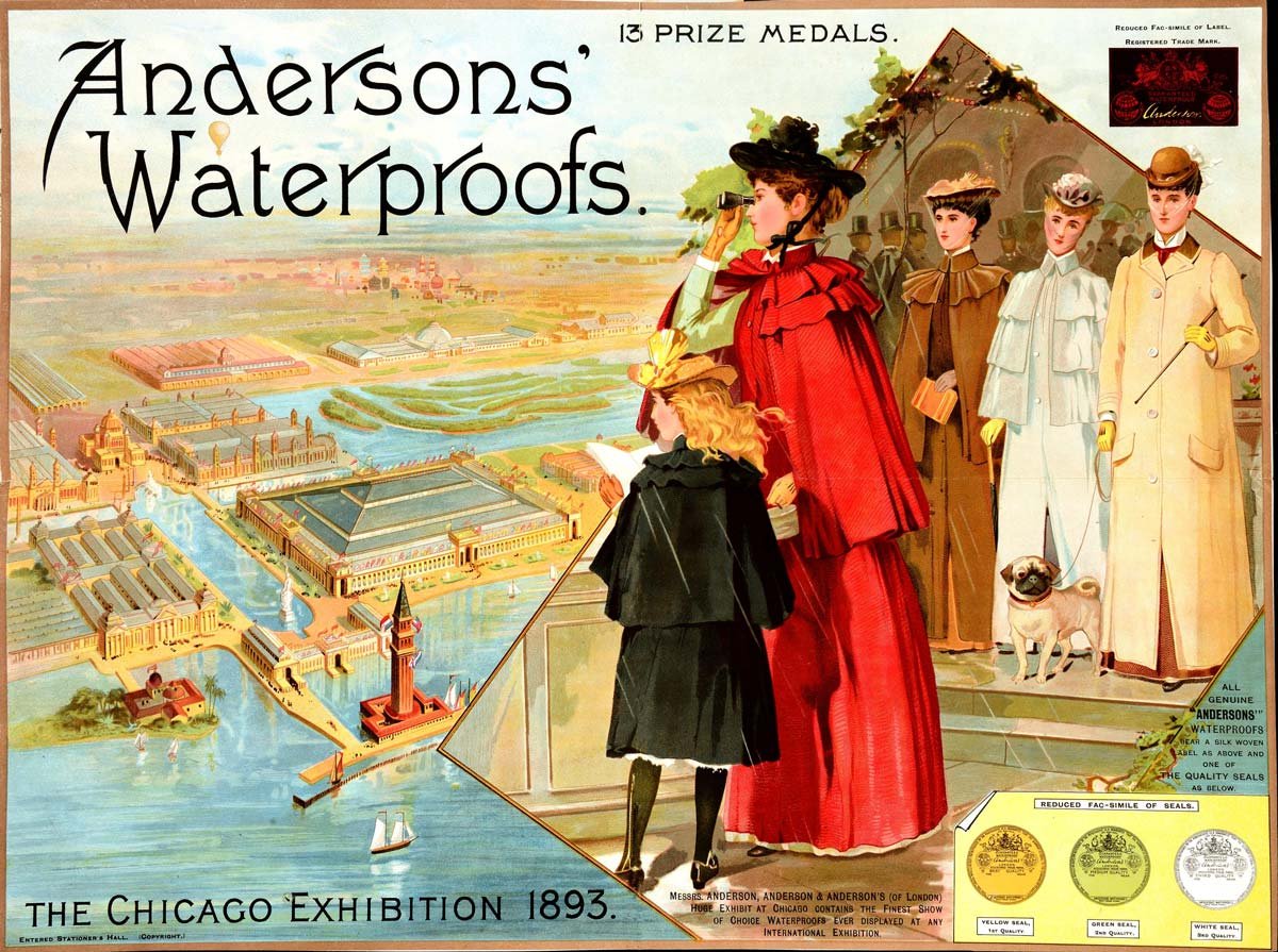 An advertisement for 'Andersons' Waterproofs' showing 4 women and a child alongside view of Chicago.