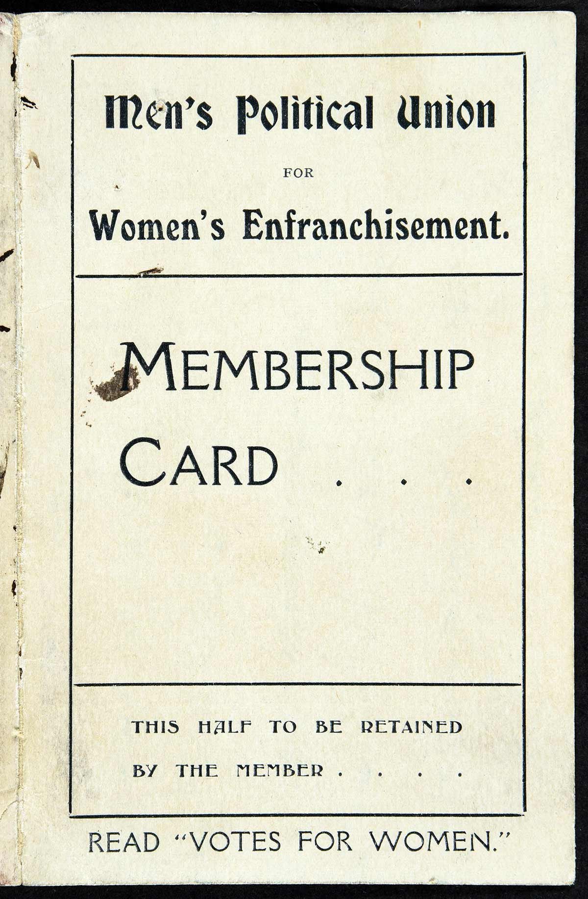 A membership card for the Men's Political Union for Women's Enfranchisement.