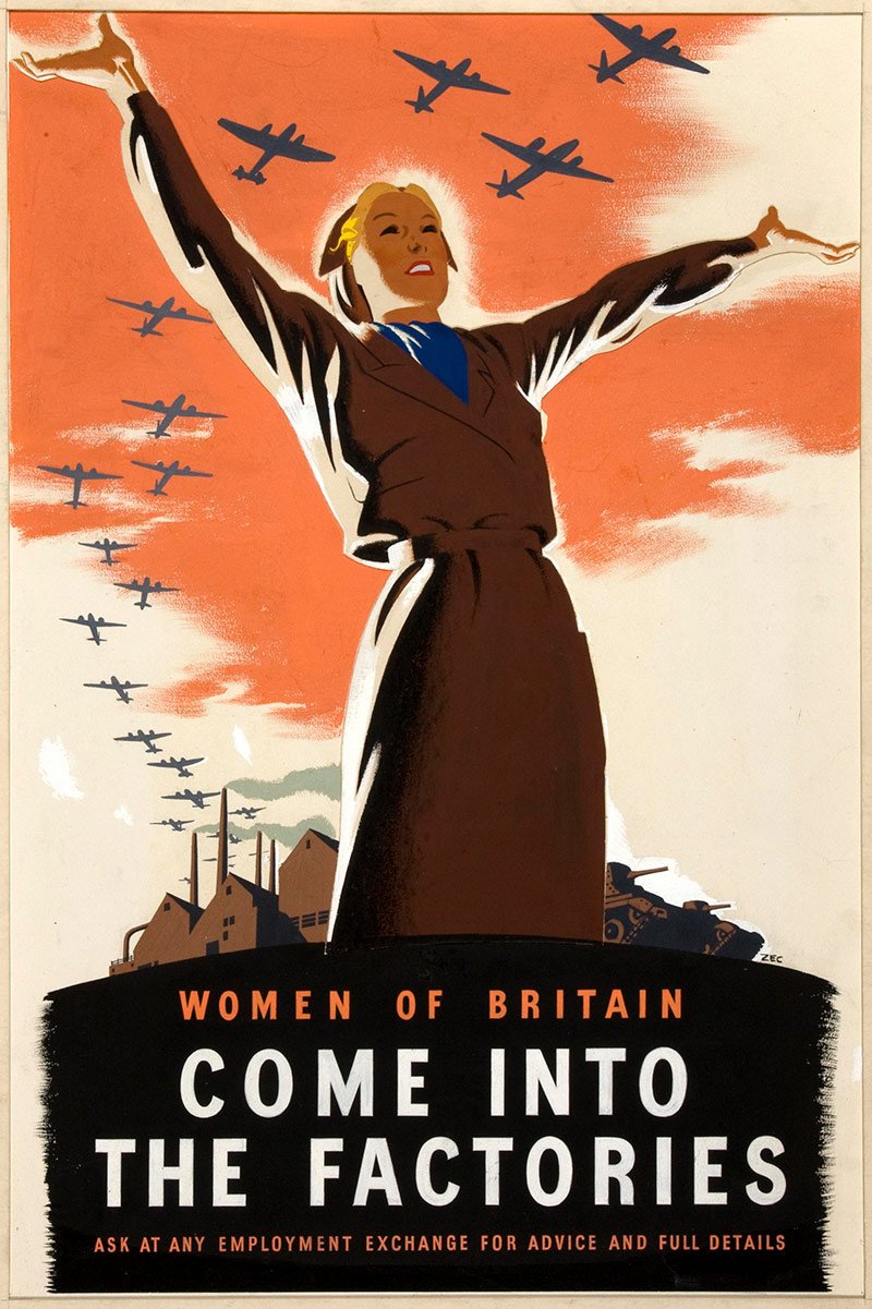 A woman stands in front of a factory with her arms outstretched as planes fly over her.