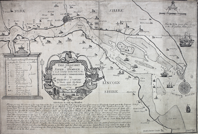 An inked map showing towns, islands and ships around the River Humber.