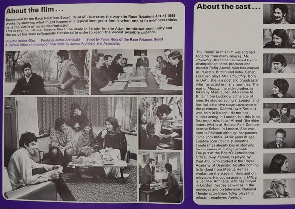 A black and white leaflet featuring stills from the film Insaaf and headshots of the characters