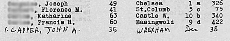 'Capper, John A.' is handwritten on a death register below typed names. He was 35 and from Wrexham.