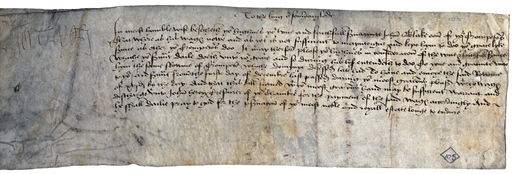 Grey parchment with nine lines of handwritten old English in ink beside a faint signature.