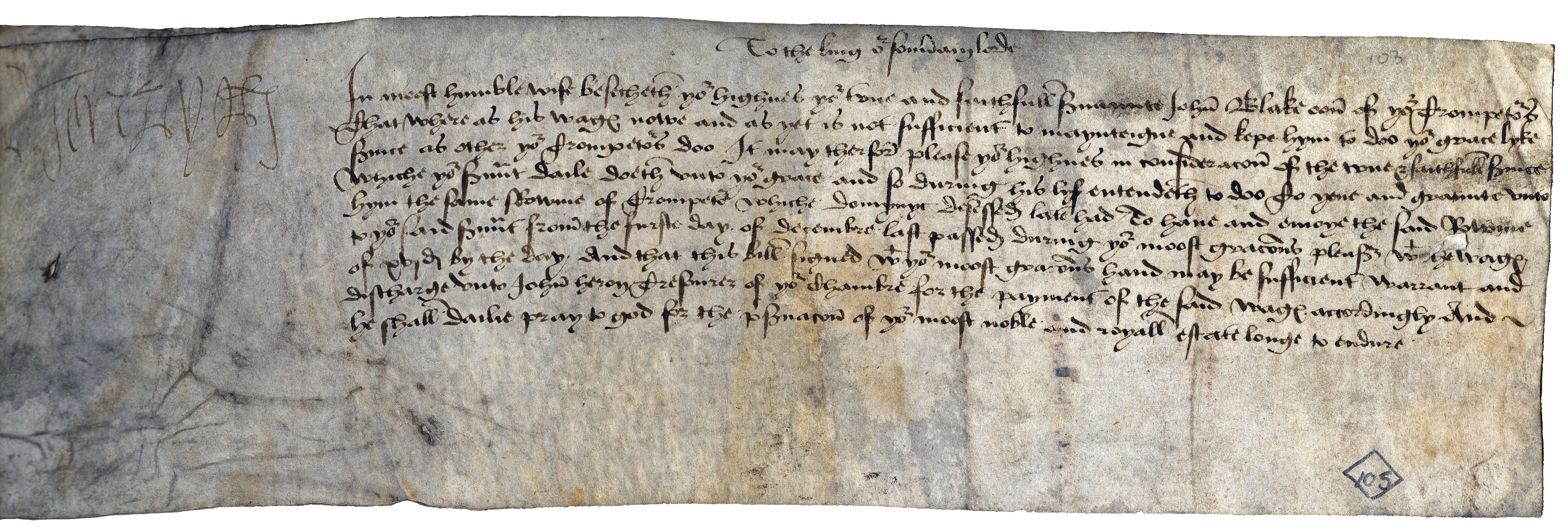 Grey parchment with nine lines of handwritten old English in ink beside a faint signature.