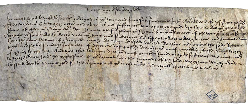 Grey parchment with nine lines of handwritten old English in ink.