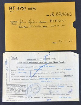 A completed form detailing John Giles Hipkin's discharge from the Merchant Navy.