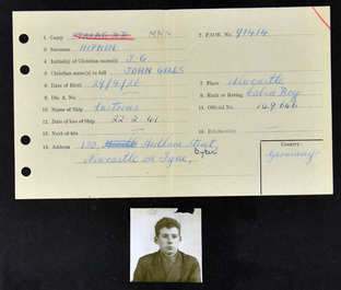 A completed prisoner of war card for John Giles Hipkin above a photo of the young man in uniform.