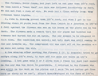 A typed statement written by a miner present at the Gresford Colliery Disaster.