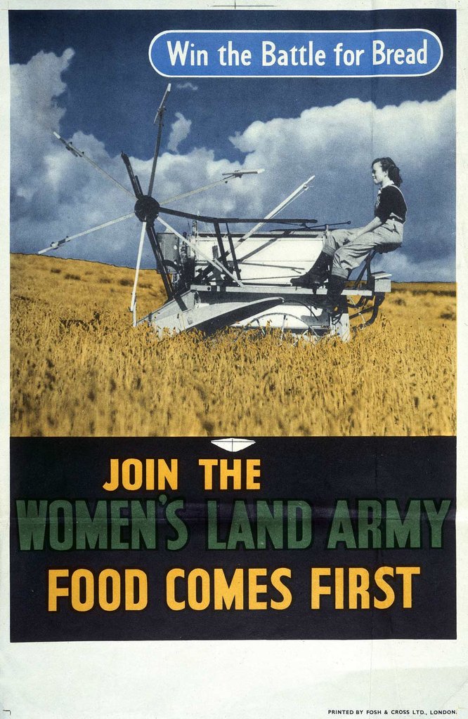 A Women's Land Army recruitment poster showing a land girl operating farming machinery.