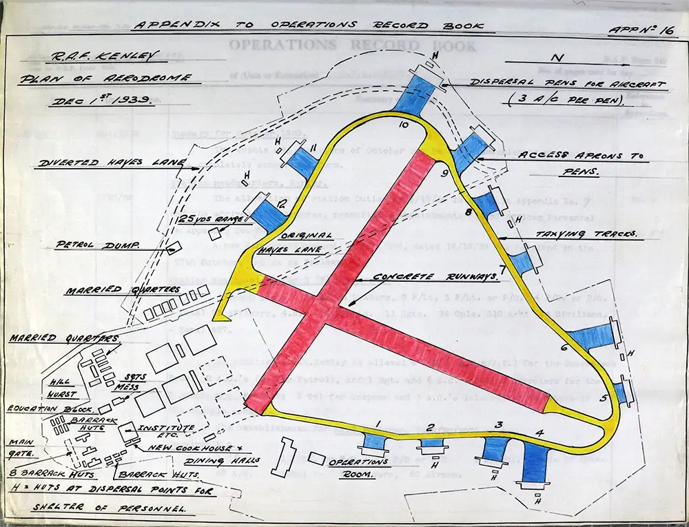 Plan of RAF Kenley aerodrome, with blue, yellow and red coloured sections.