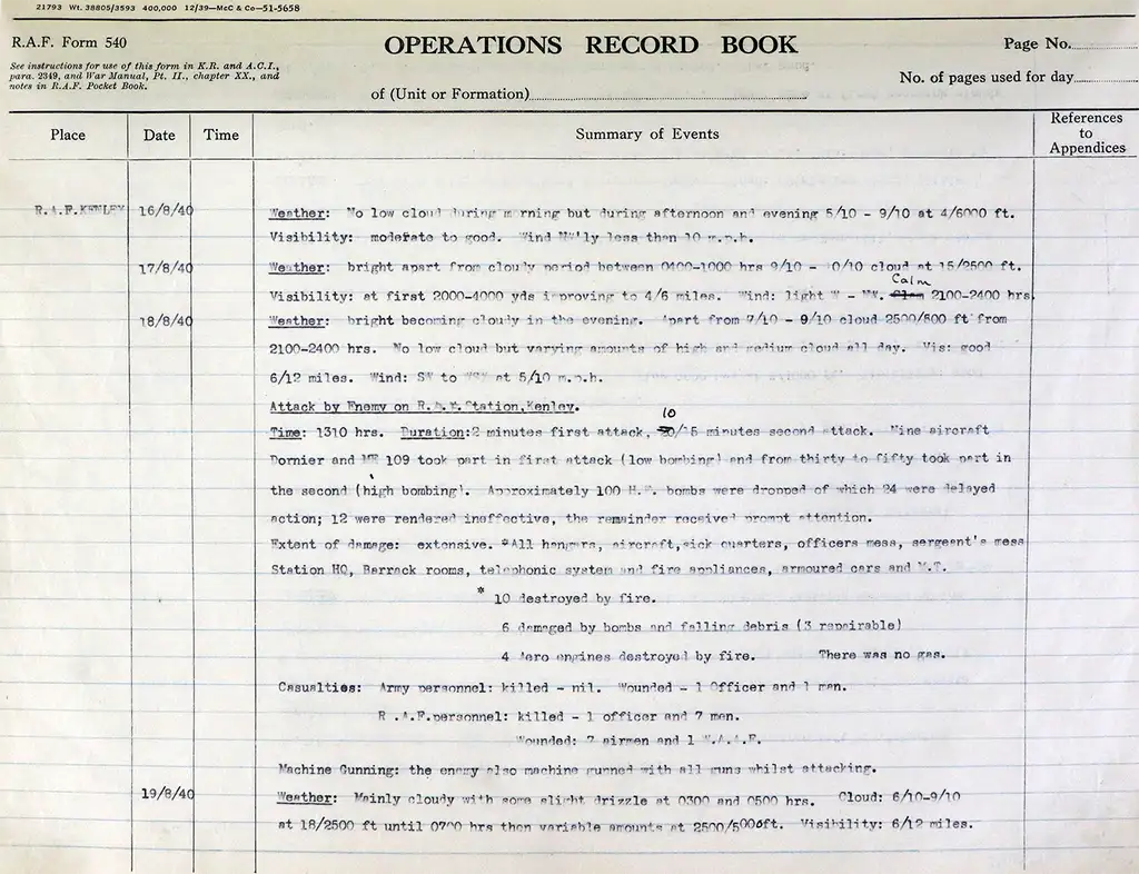 Typewritten table with columns for Place, Date, Time and Summary of Events, with daily entries.