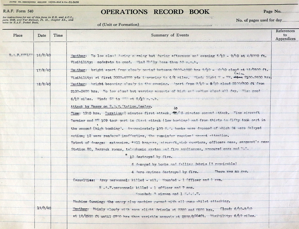 Typewritten table with columns for Place, Date, Time and Summary of Events, with daily entries.