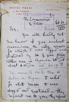 A handwritten letter dated February 1932 to the Commissioner of Police