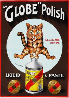 A smiling cat leapfrogs over a can of polish. A slogan reads 'gets over the work in no time'