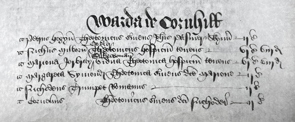 A list of names written in beautiful Old English on an old piece of parchment.