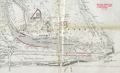 Detailed map showing trees, paths and buildings in Hyde Park, with ten red lines marked on it.