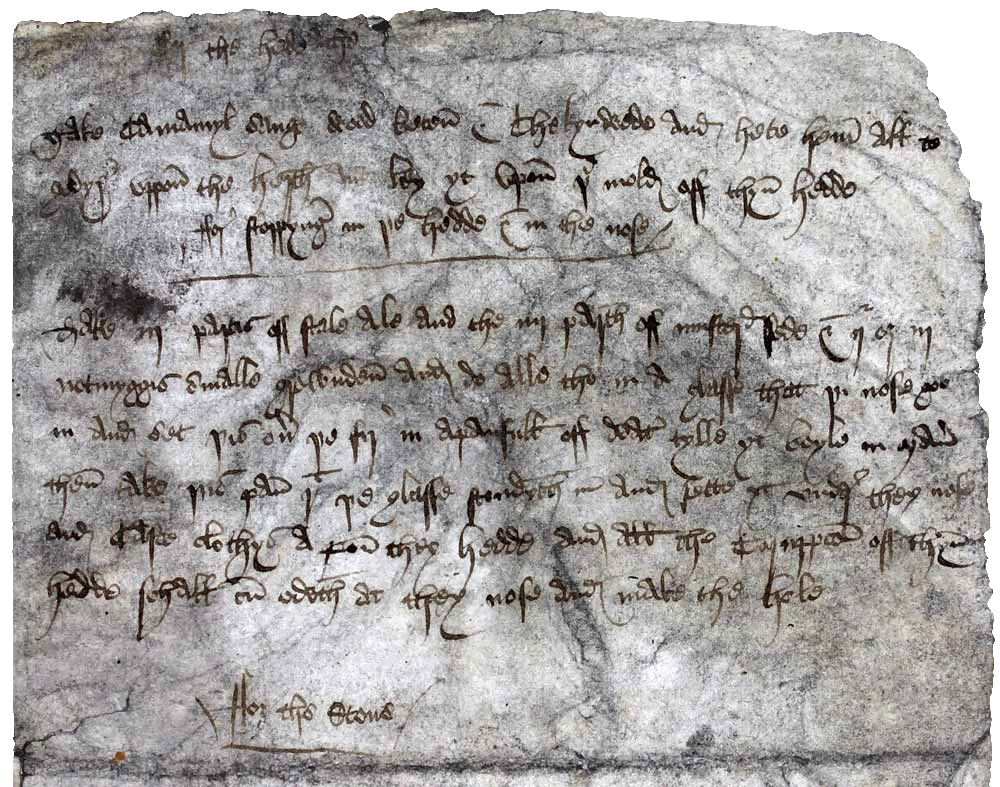 Beautiful Old English writing on a stained and wrinkled leathery surface.
