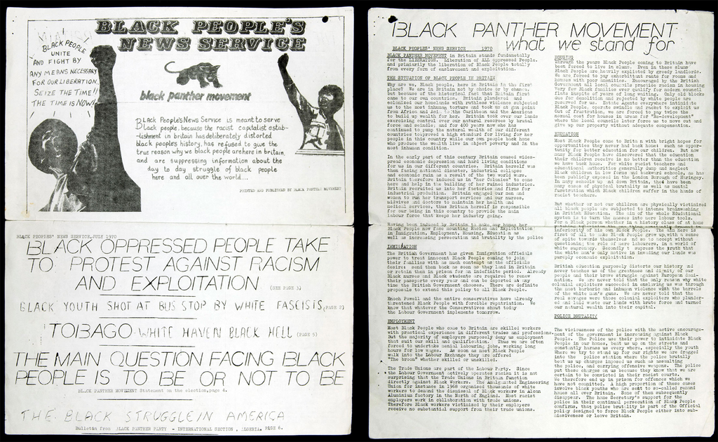 Two pages from Black People's News Service. The left page shows two black men raising their fists.