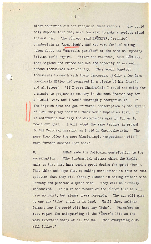 Page from a typewritten document with the word 'Arschloch' underlined in red pencil.