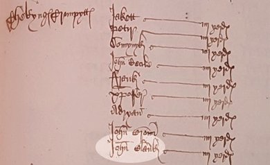 A handwritten list of names with 'John Blank' digitally highlighted at the bottom.