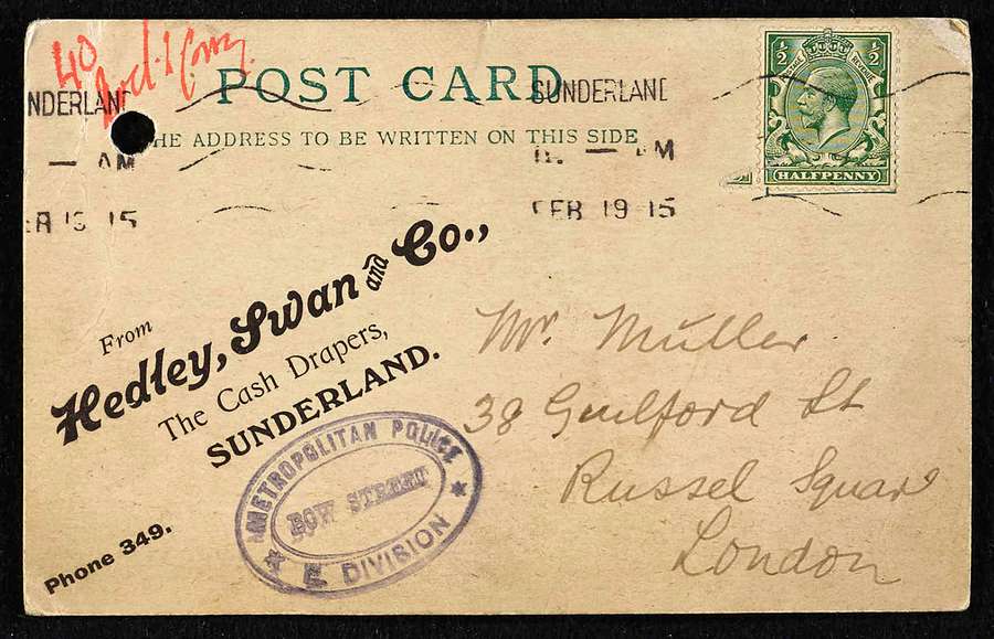 Postcard from 'Hedley, Swan & Co, The Cash Drapers, Sunderland', now with a police stamp on it.