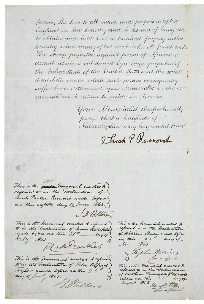 Handwritten text with the signature, and the names and addresses of her character references.