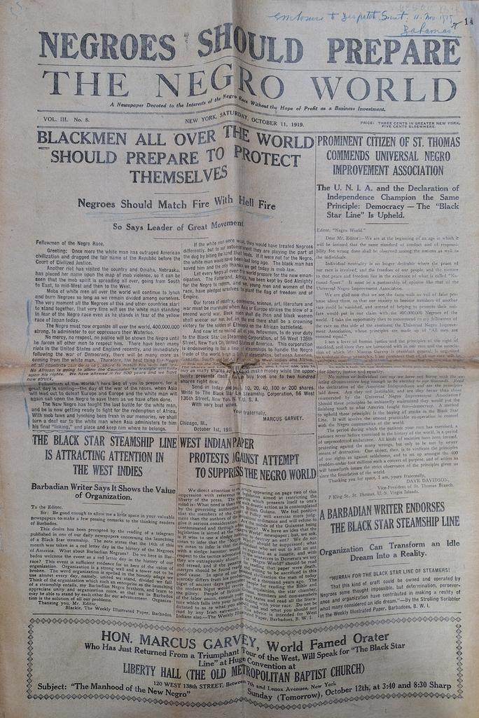 The front page The Negro World, the lead story reads: 'Negroes should prepare'