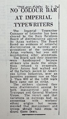 An newspaper article titled 'No Colour Bar At Imperial Typewriters'