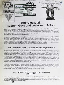 A typed leaflet with logos for 'Stop the Clause', 'Lesbians and Gay Men Out and Proud' and OLGA.