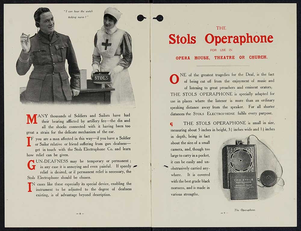 Advertising leaflet with an illustration of a soldier using a hearing aid while a nurse looks on.