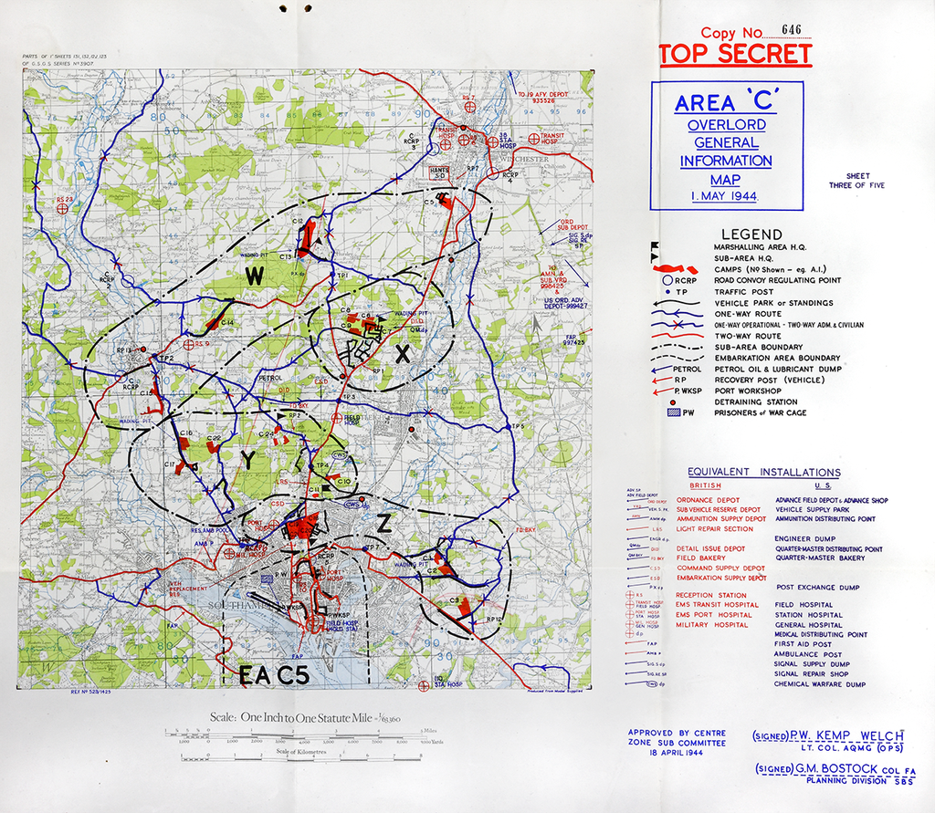 Detailed, colour map headed 'Top Secret' with a number of points and routes marked on it.