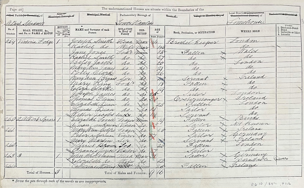 A list of names from a the 1871 Census. In the occupation column are those marked as 'fallen'.