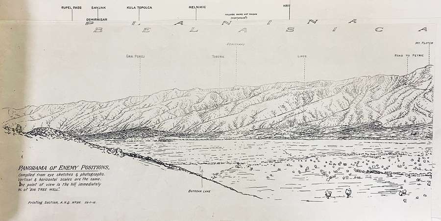 Sketch of a mountain range looming over a tree-filled valley with places labelled.