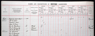 Printed form headed 'Name and descriptions of British passengers', filled in with black ink.