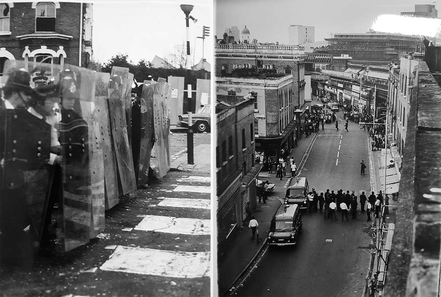 Left: Police making a wall of large plastic shields. Right: Police line on a street from above.